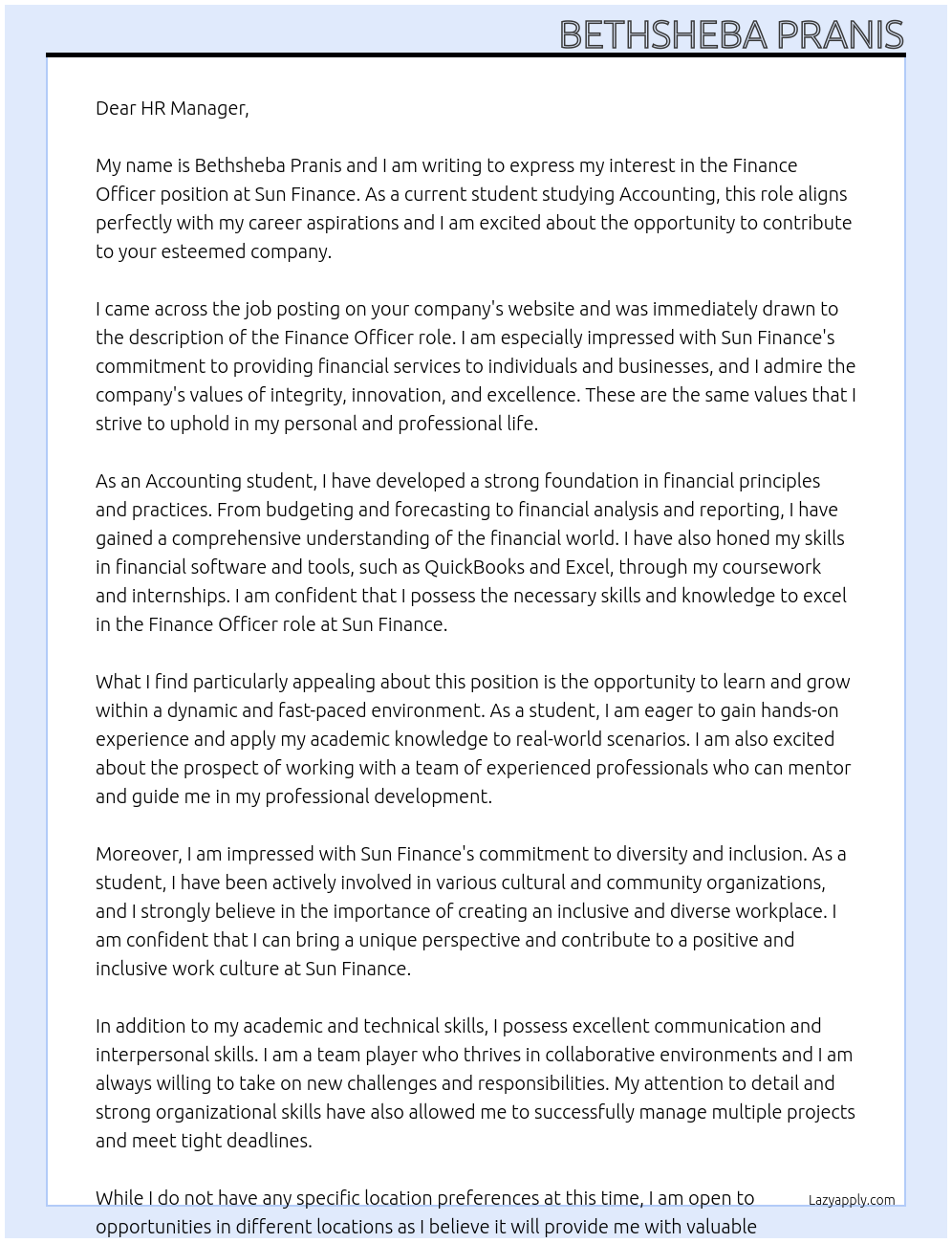 Finance officer At Sun Finace Cover Letter