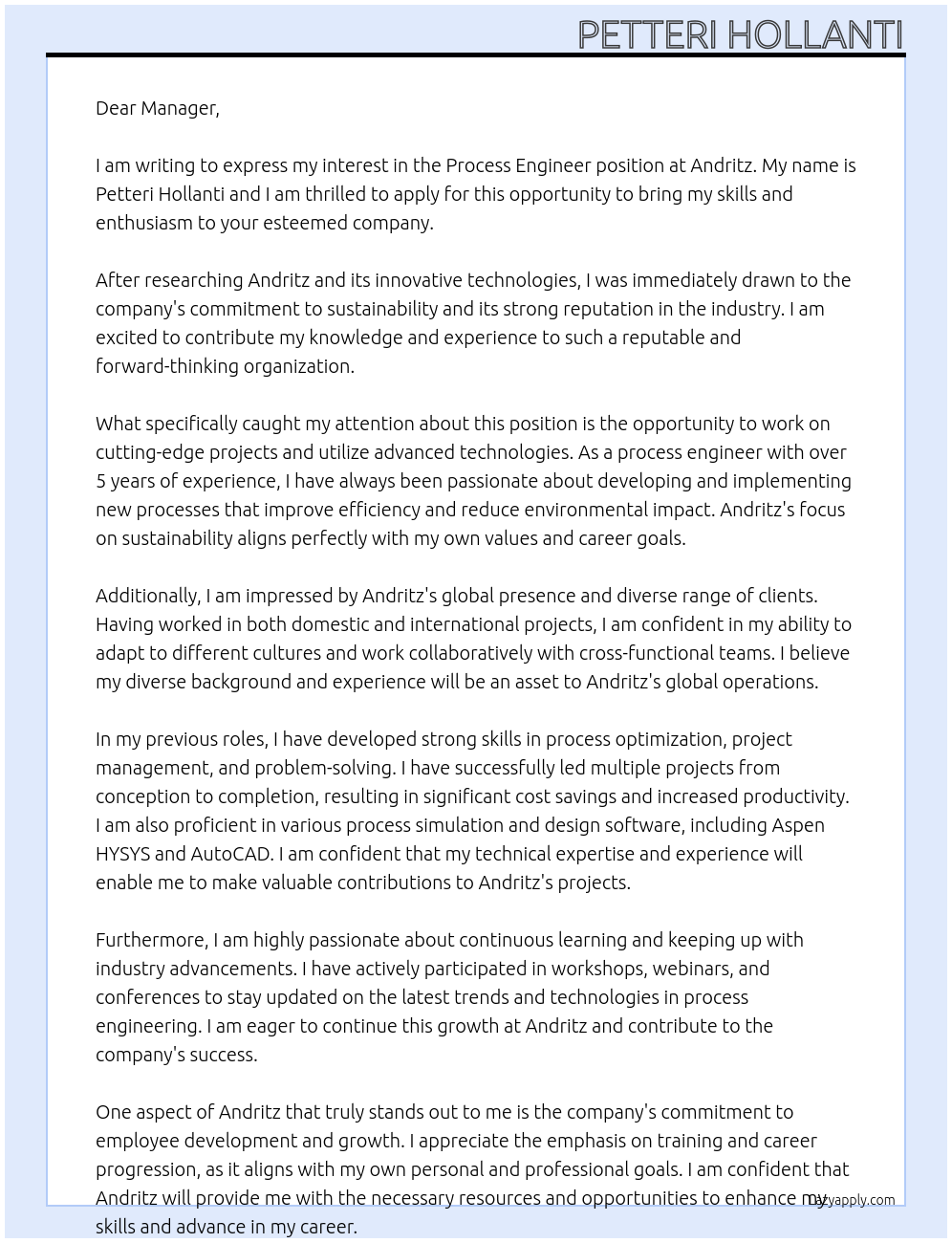 Process engineer At Andritz Cover Letter