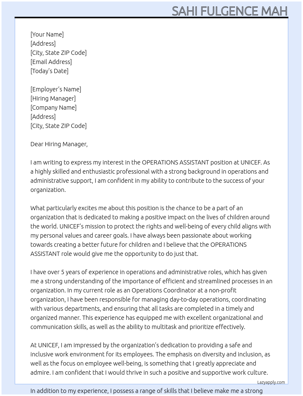 OPERATIONS ASSISTANT At UNICEF Cover Letter