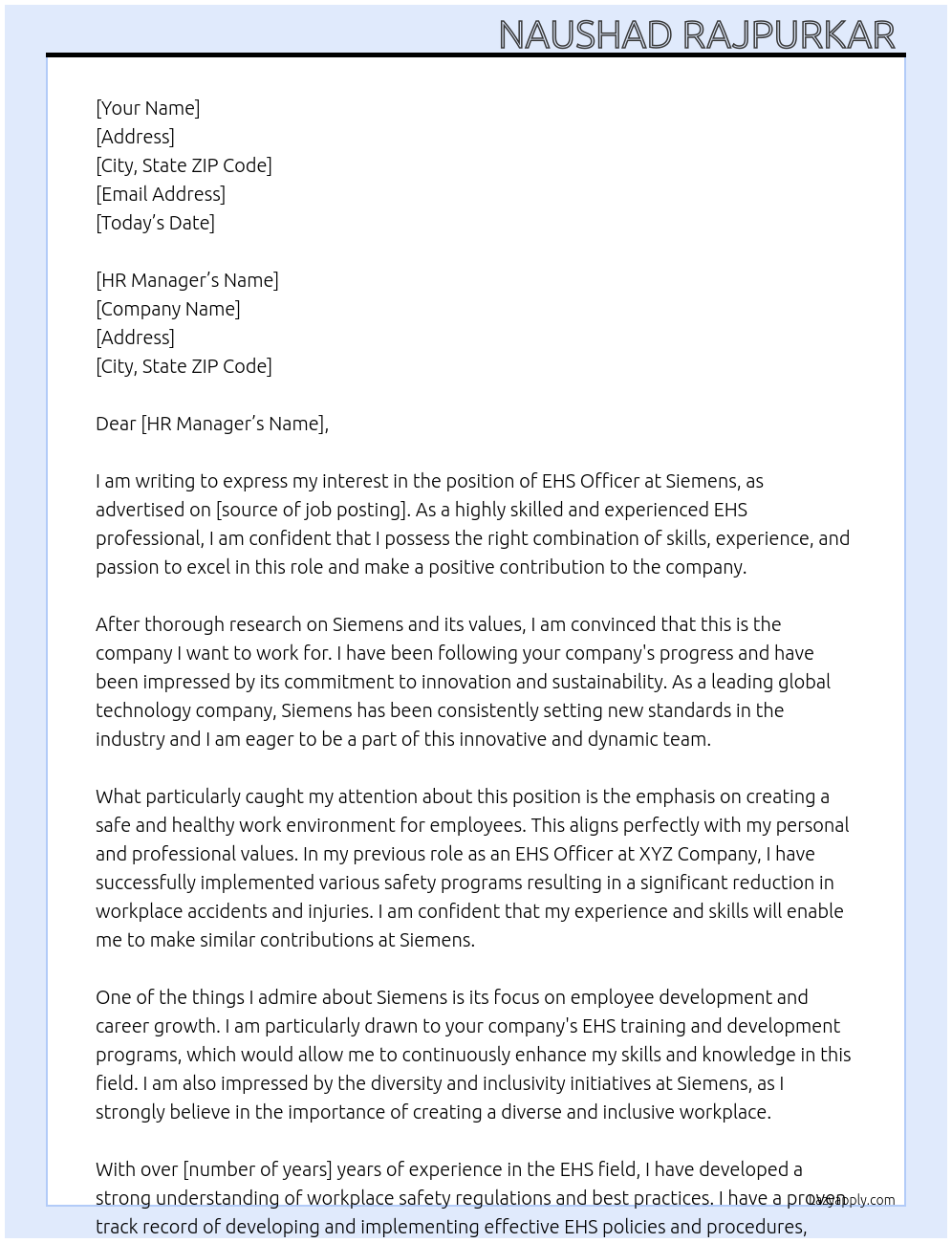 EHS Officer At Siemens Cover Letter