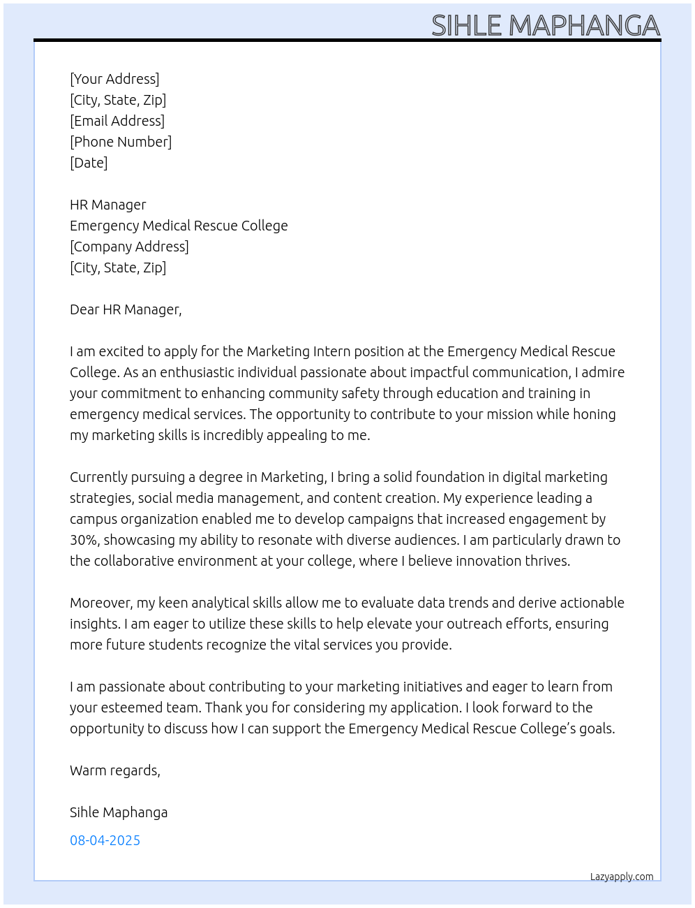 marketing intern At emergency medical rescue college Cover Letter