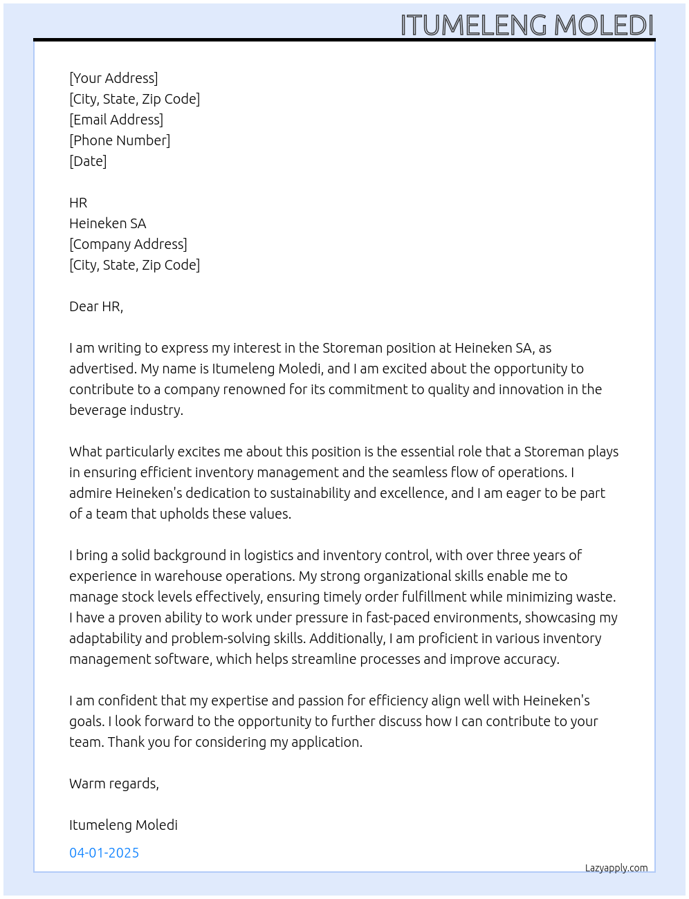 Storeman At Heineken SA Cover Letter