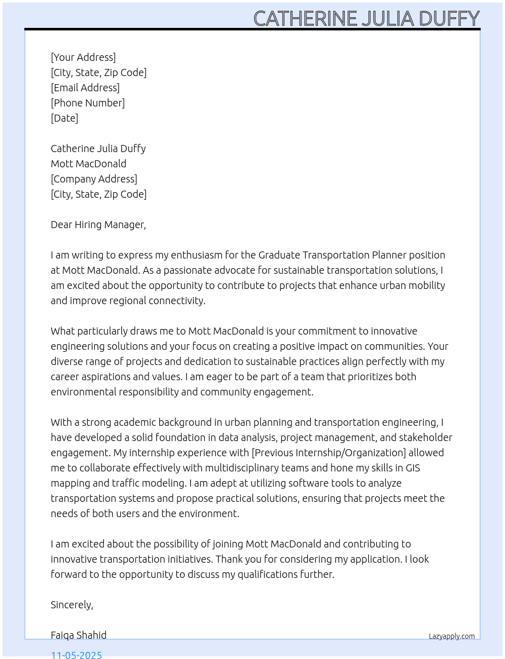 graduate transportation planner At Mott Macdonald Cover Letter