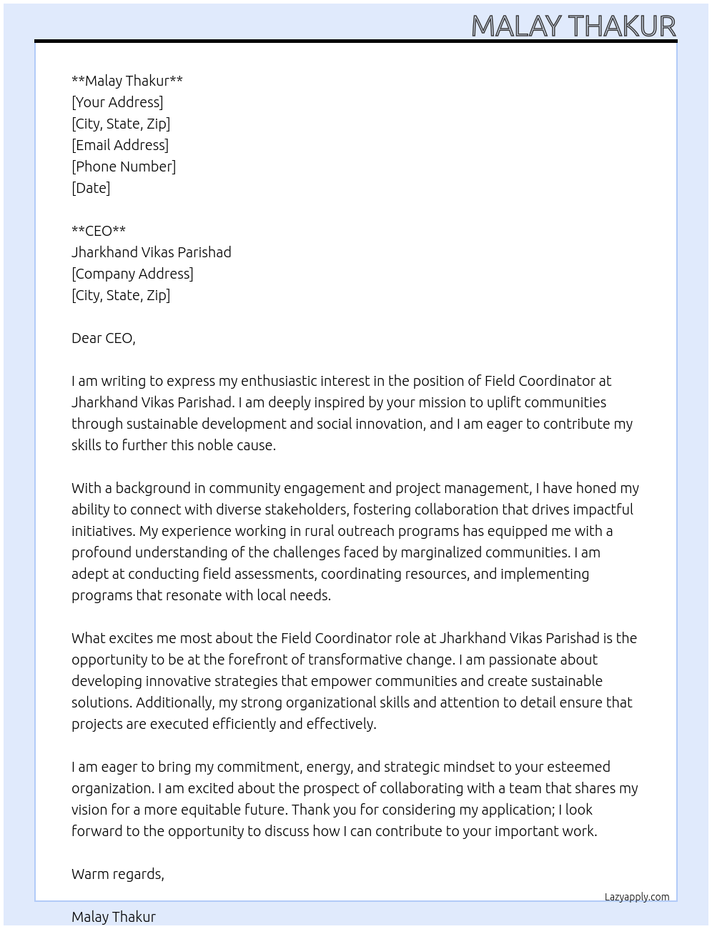 Field Coordinator At jharkhand Vikas Parishad Cover Letter