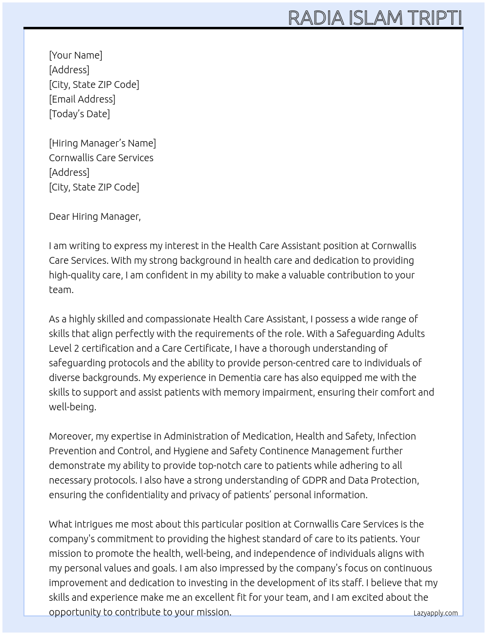 Health care assistant  At Cornwallis care services  Cover Letter