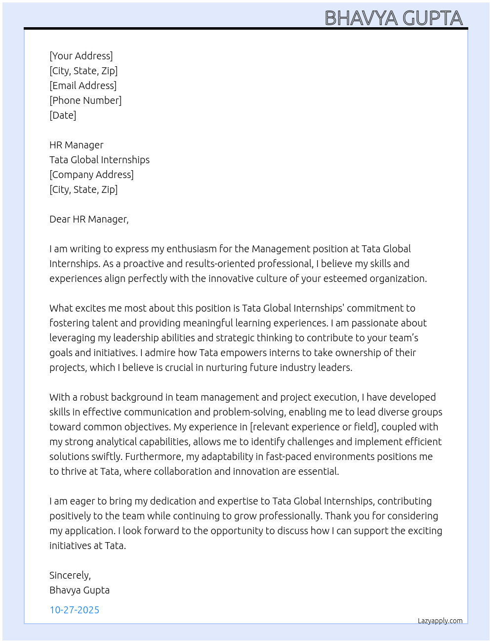 Cover letter for management - LazyApply