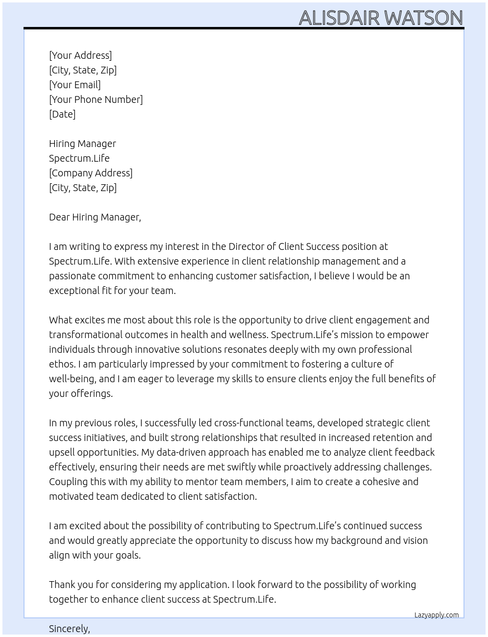 Director Client Success At Spectrum.Life Cover Letter