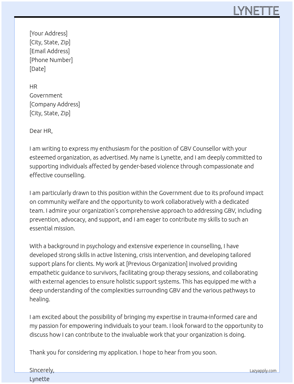 Gbv counsellor  At Government Cover Letter