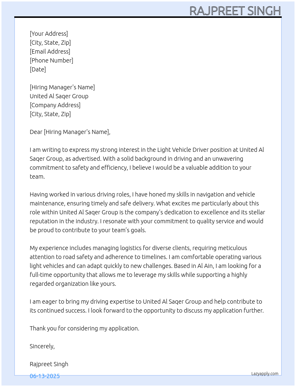 Light Vehicle Driver At United Al saqer Group Cover Letter