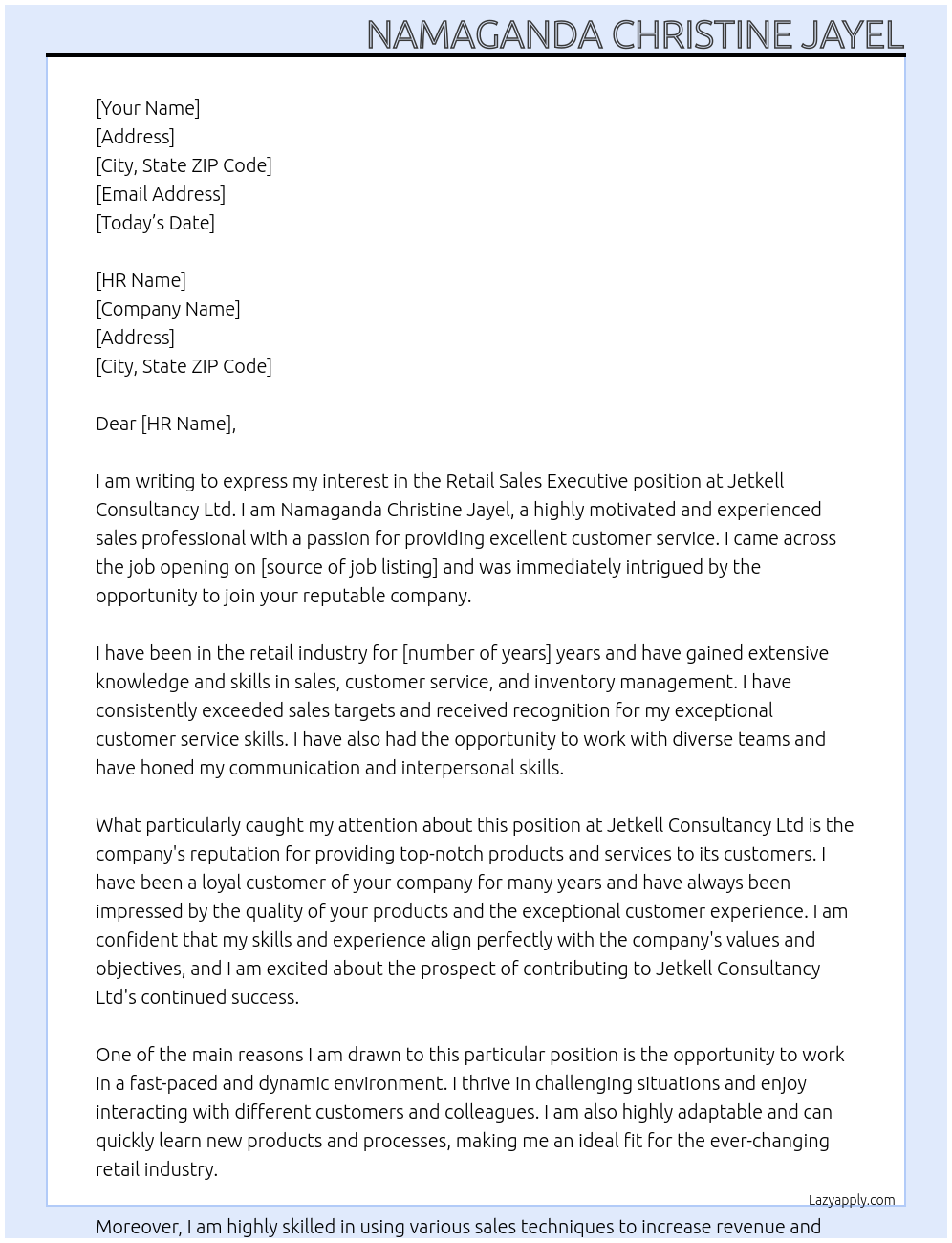 Retail sales executive At Jetkell Consultancy Ltd Cover Letter