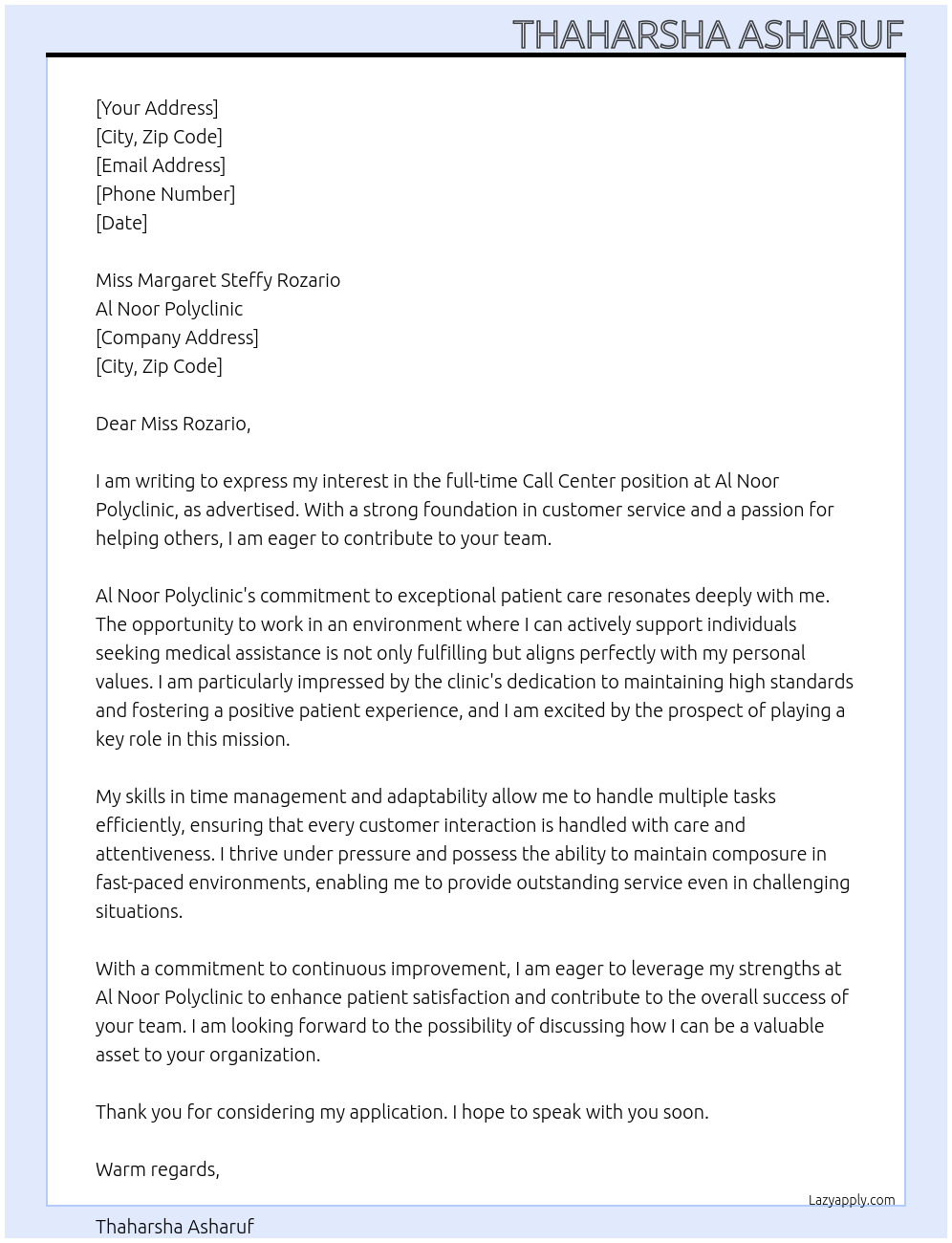 Cover letter for call center - LazyApply