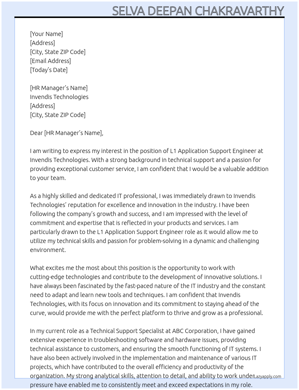 Cover letter for l1 application support engineer - LazyApply