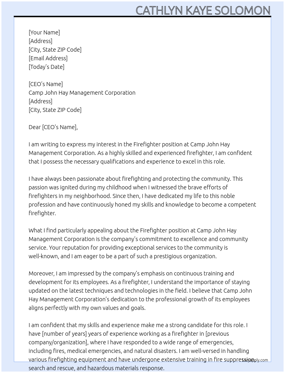 Firefighter At Camp John Hay Management Corporation Cover Letter
