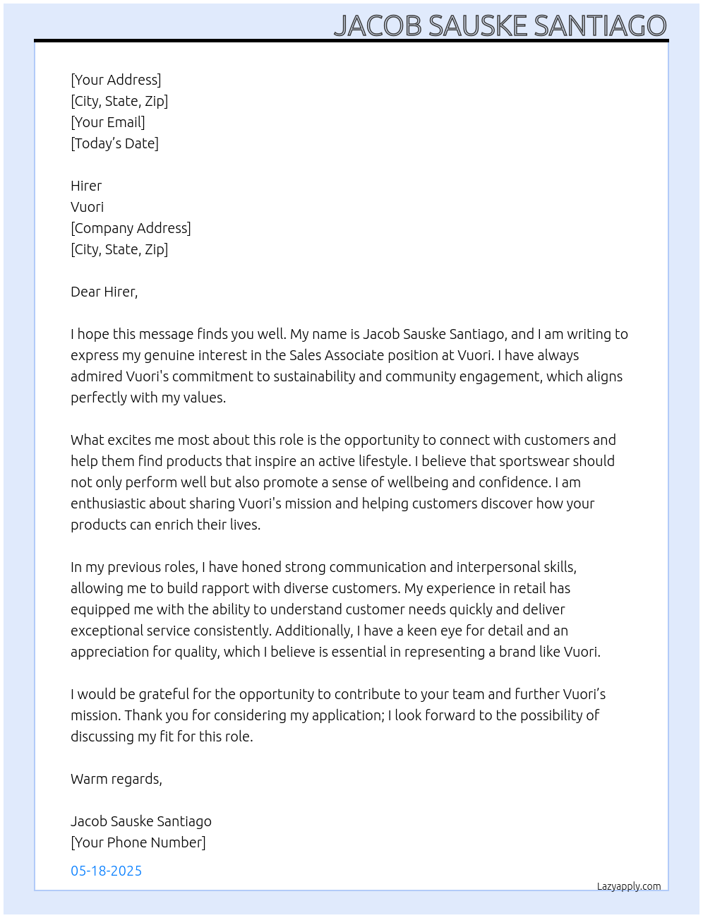sales associate At vuori Cover Letter