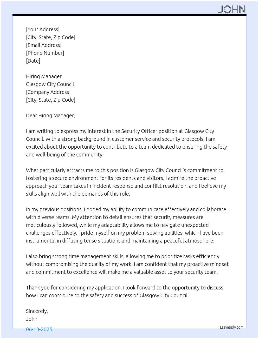 Security Officer  At Glasgow City Council  Cover Letter