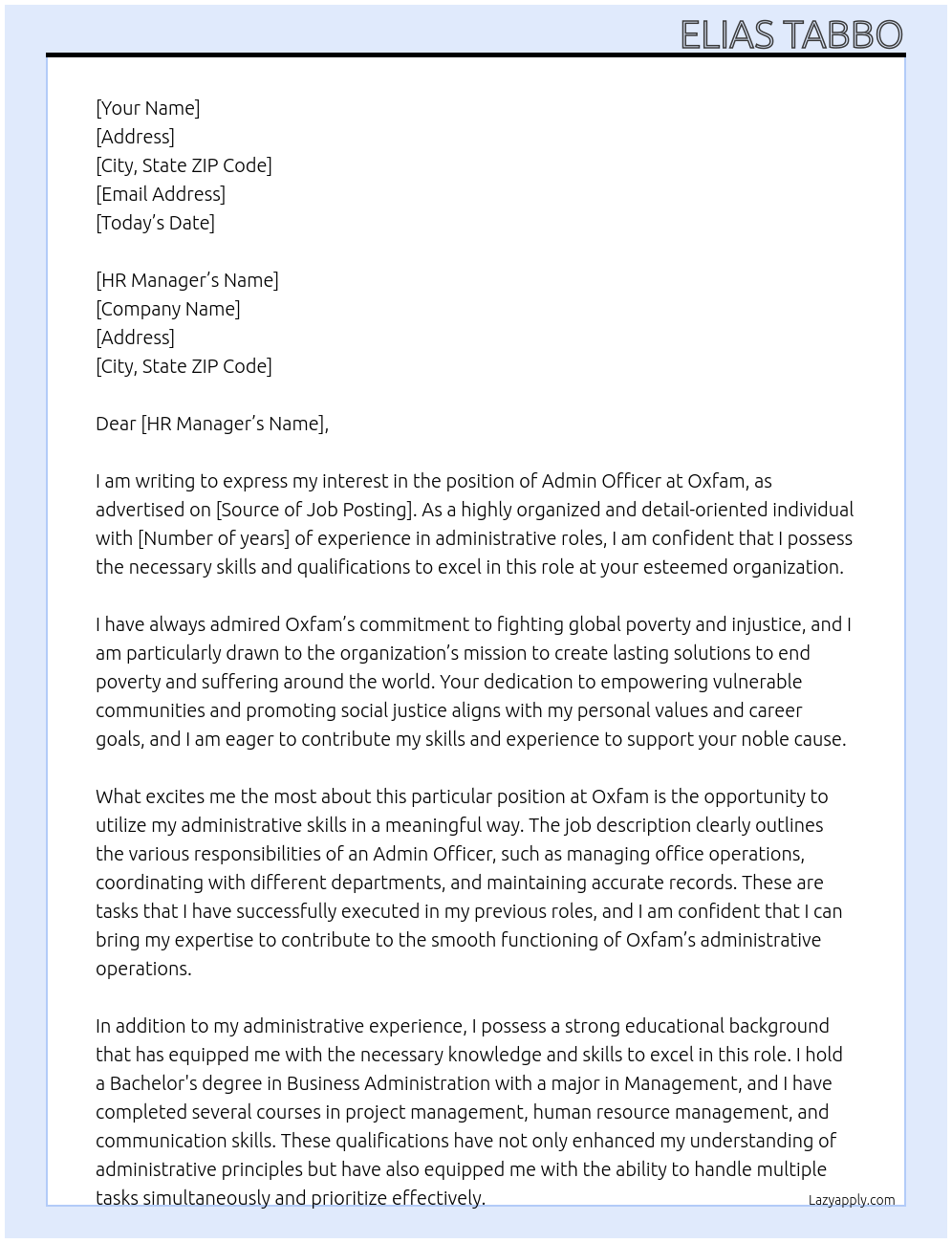 Admin officer At Oxfam Cover Letter