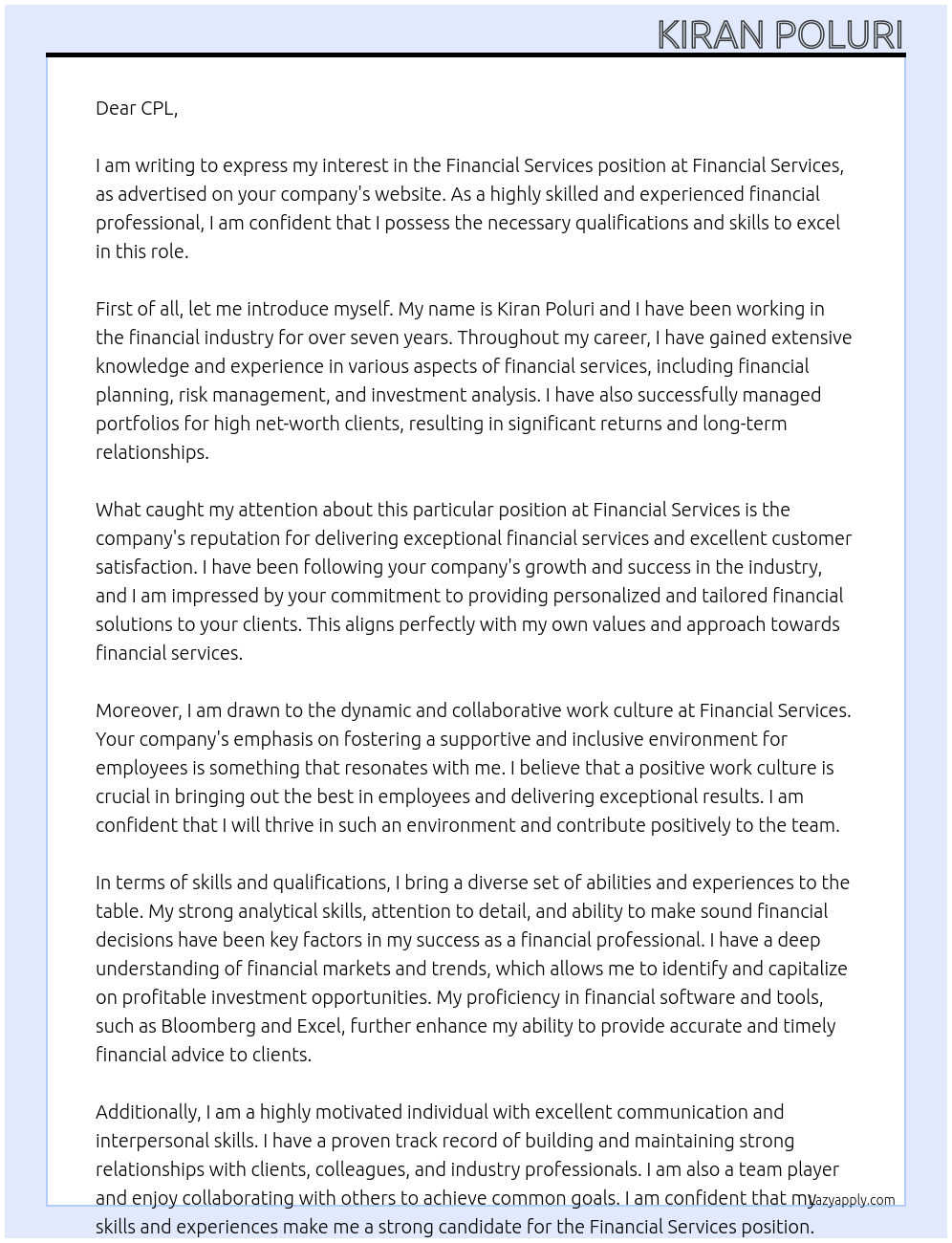 Financial Services At Financial Services Cover Letter