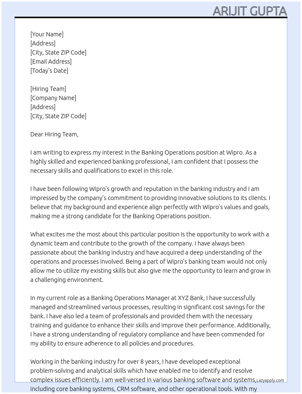 Banking Operations At Wipro Cover Letter