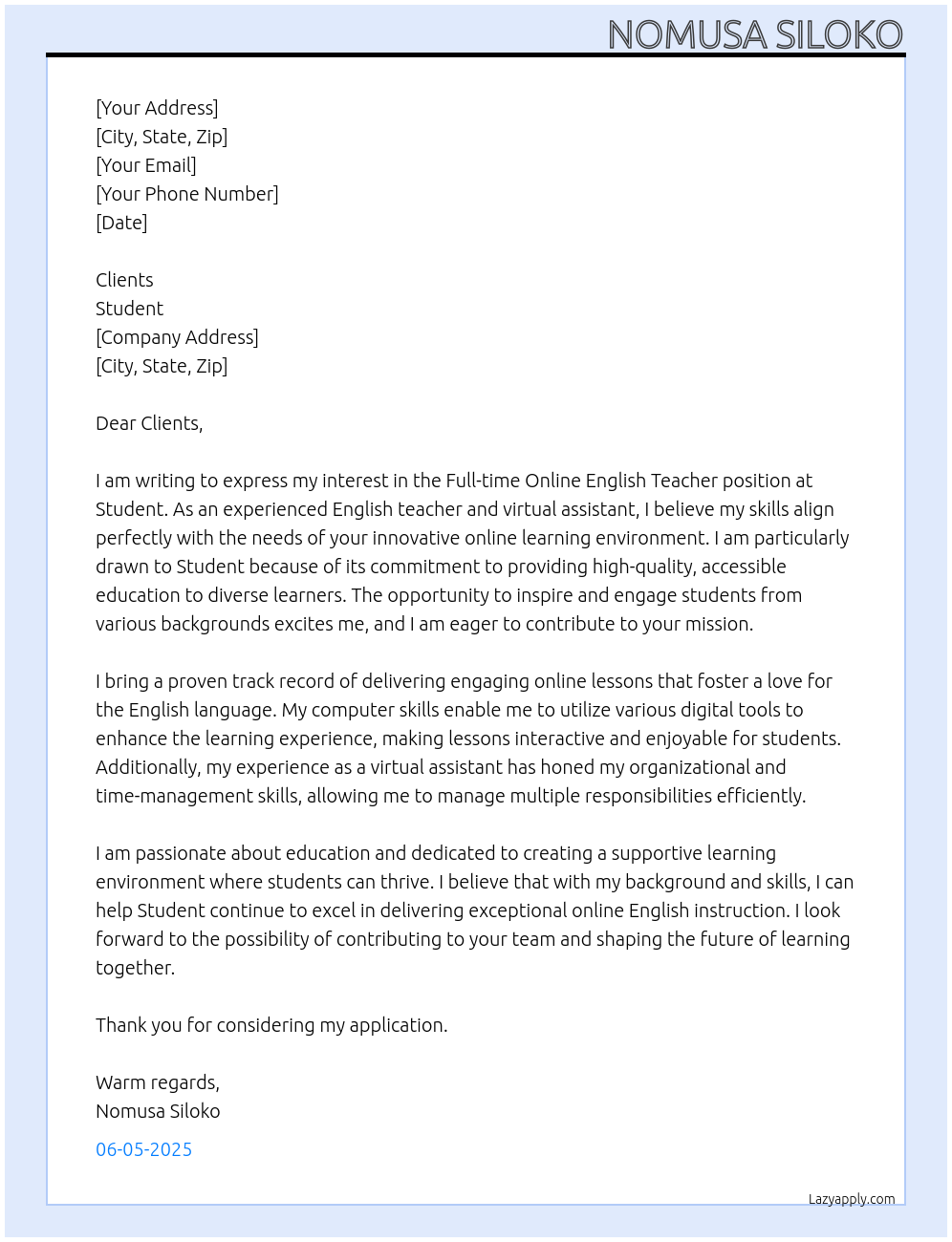 Online English Teacher At Student Cover Letter