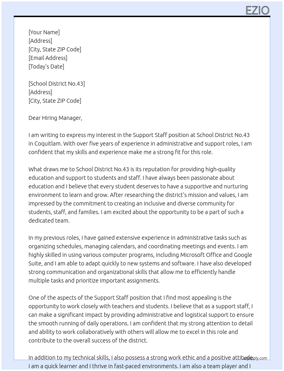 support staff At school district no.43 (Coquitlam) Cover Letter