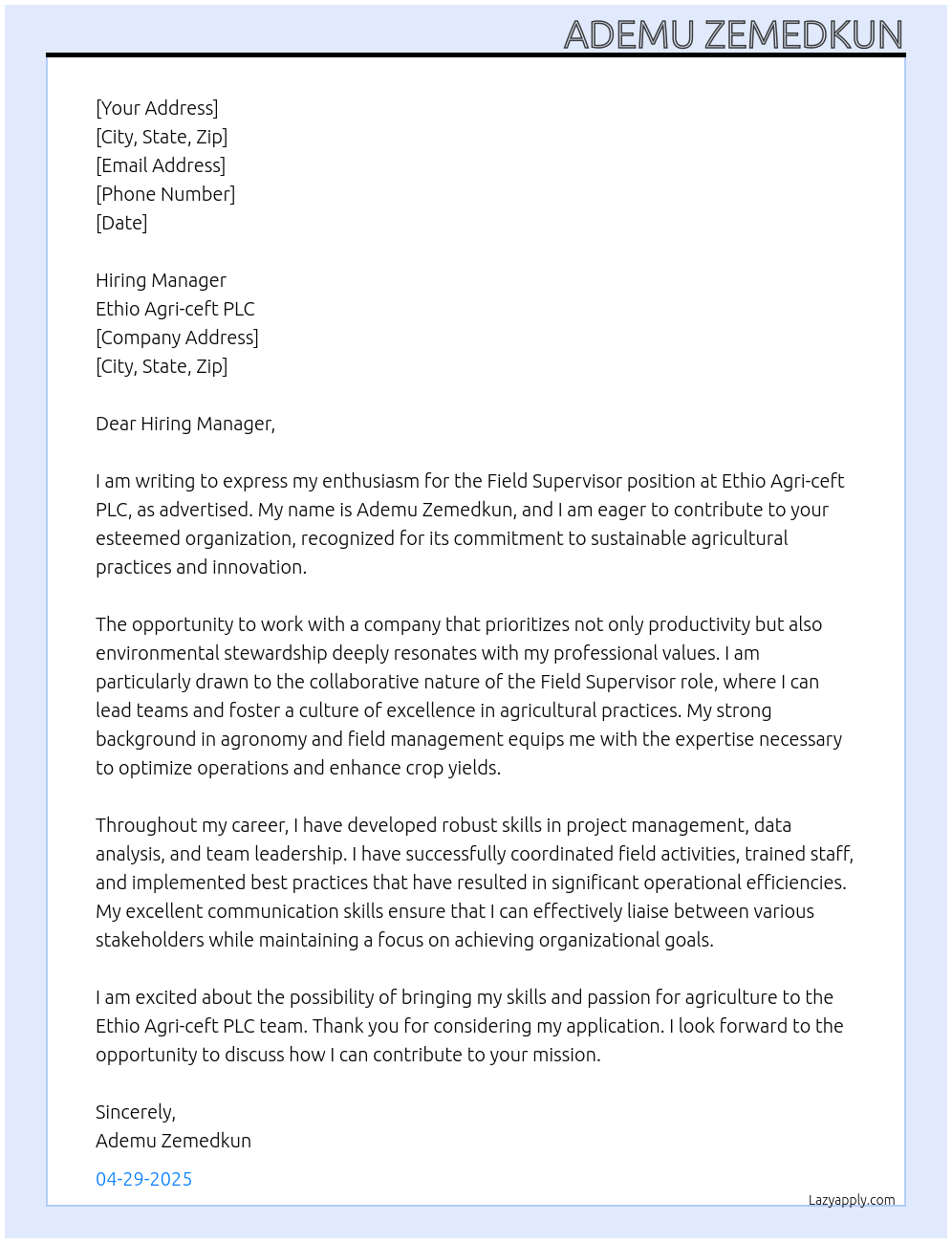 Field Supervisor At Ethio Agri-ceft PLC Cover Letter