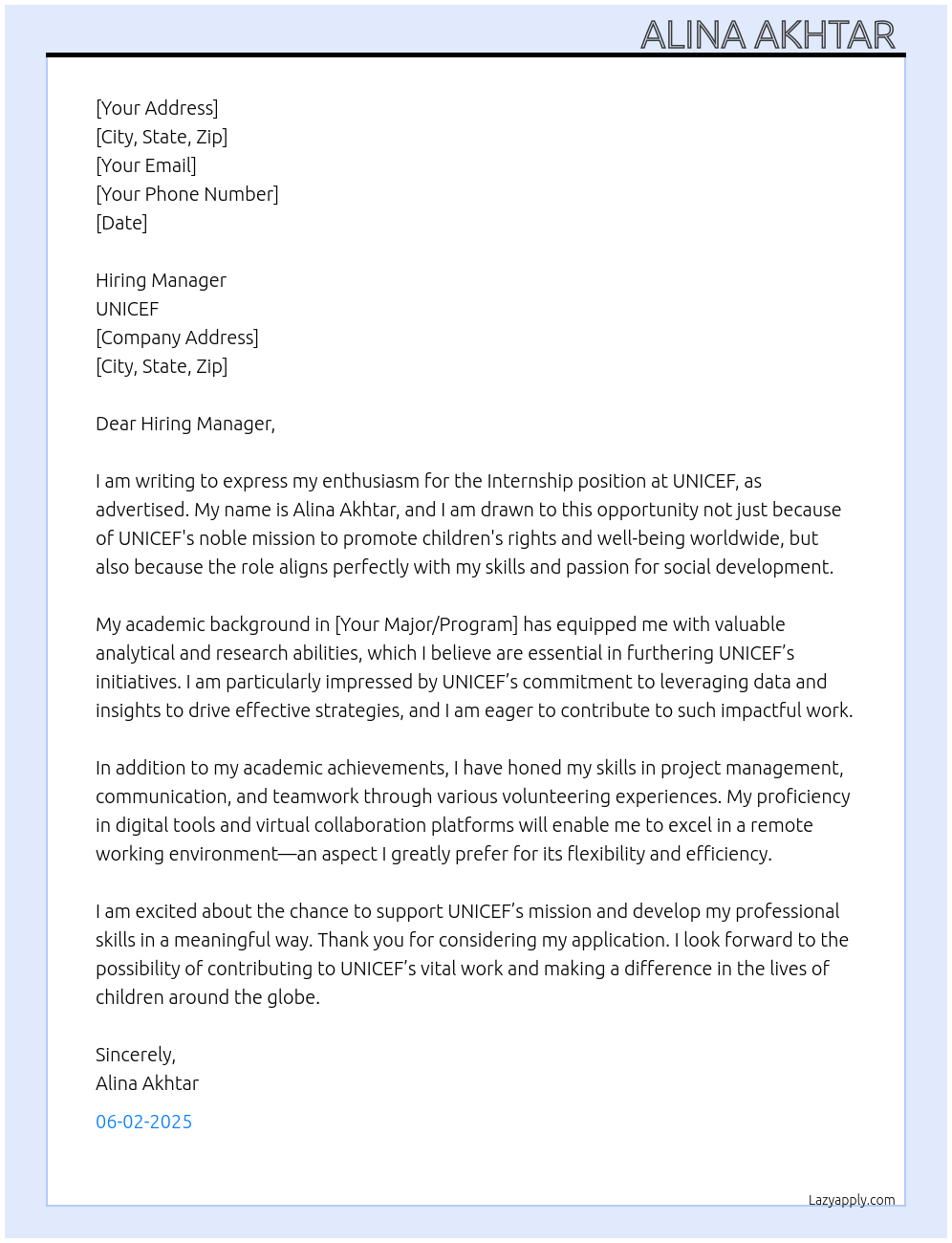 Internship At Unicef Cover Letter