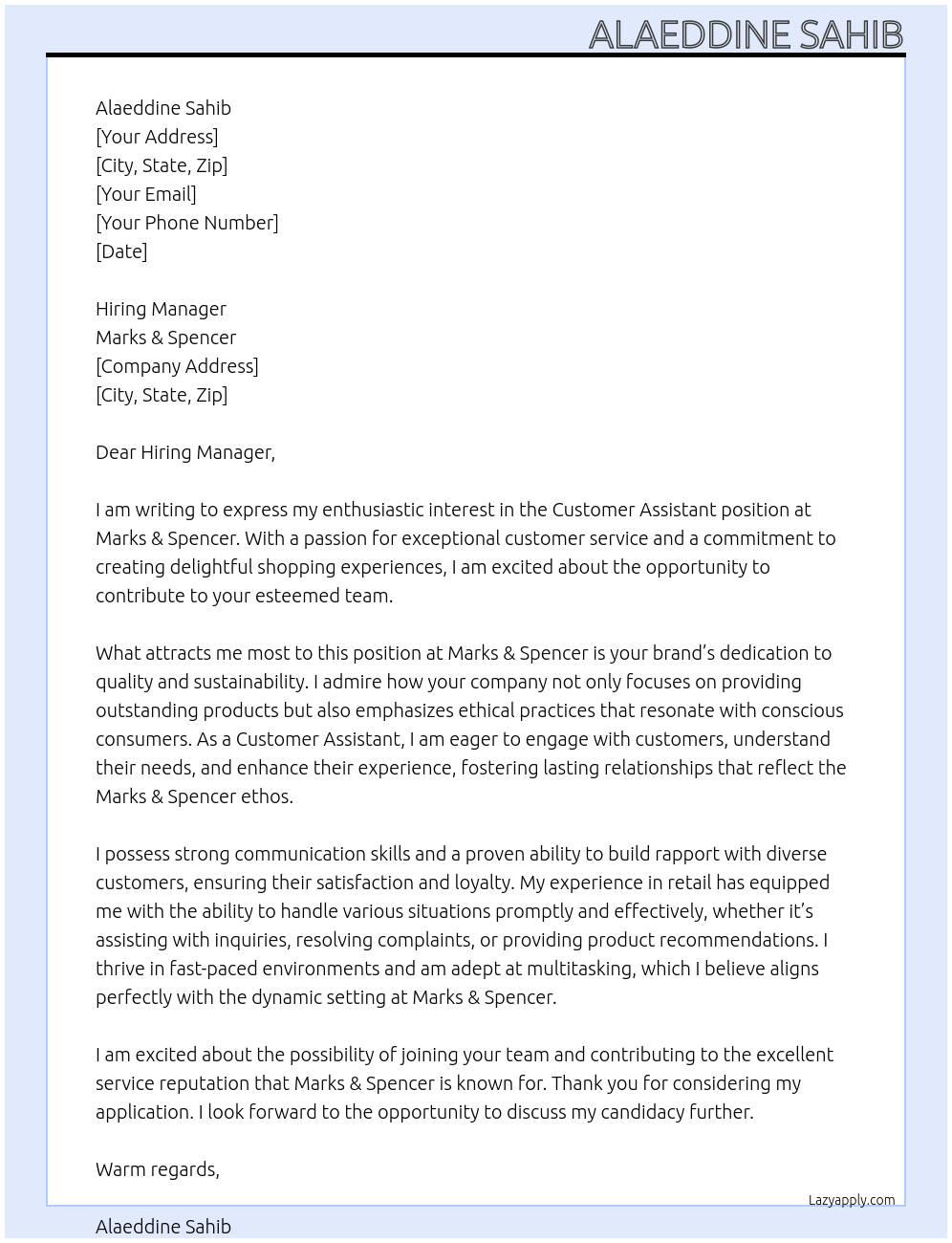 Cover letter for costumer assistant - LazyApply