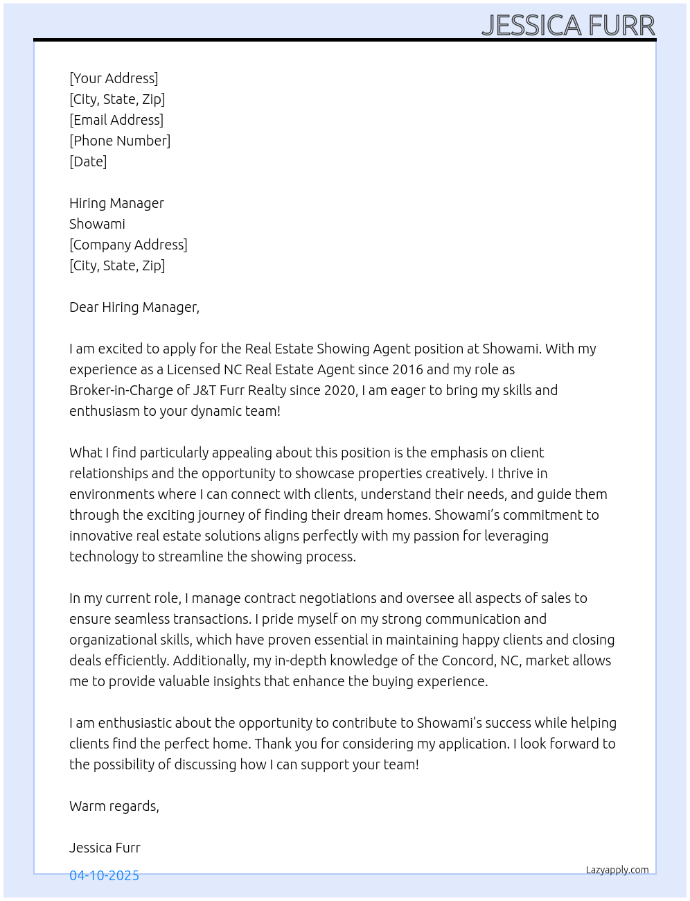 Real Estate Showing Agent At Showami Cover Letter