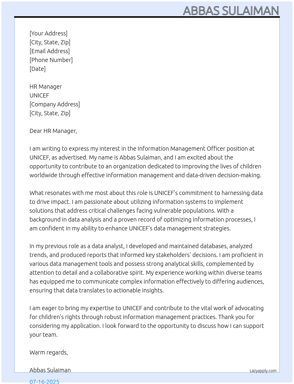 Cover letter for information management officer - LazyApply