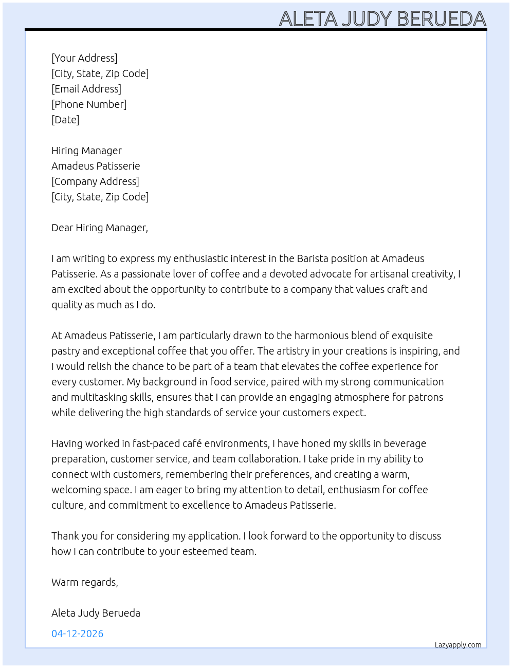 Barista At Amadeus Patisserie Cover Letter