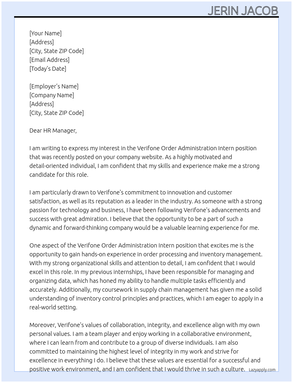 Verifone logo Order Administration - Intern At verifone Cover Letter