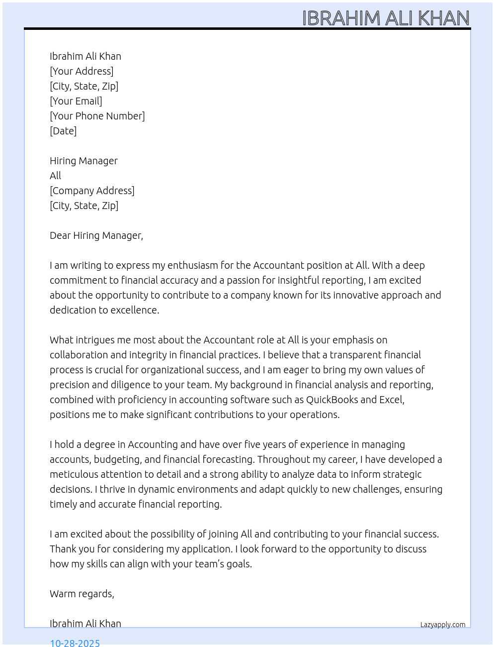 ACCOUNTANT At All Cover Letter