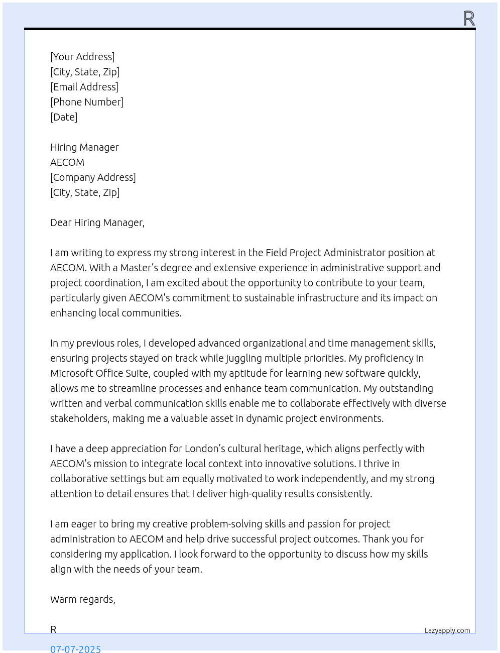 Cover letter for field project administrator - LazyApply