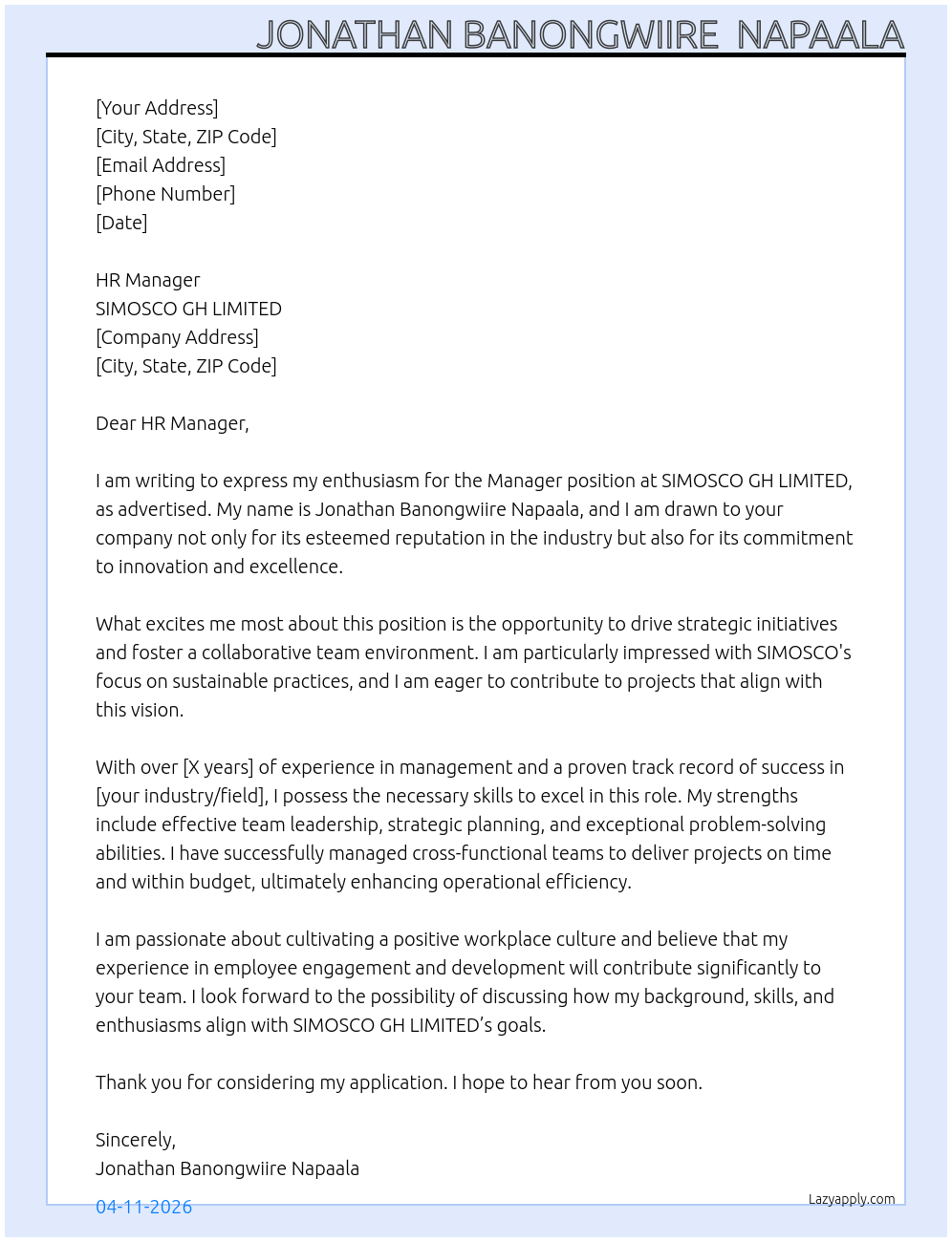 manager At SIMOSCO GH LIMITED Cover Letter