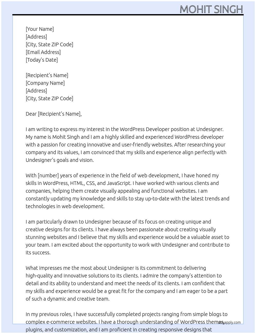 WordPress developer At Undesigner Cover Letter