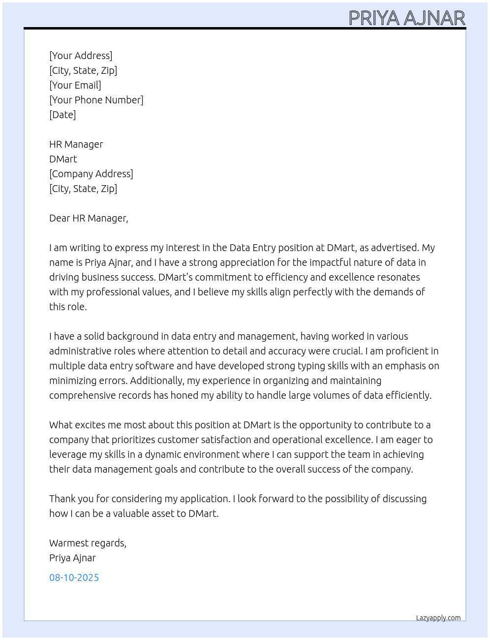Data entry At DMart Cover Letter