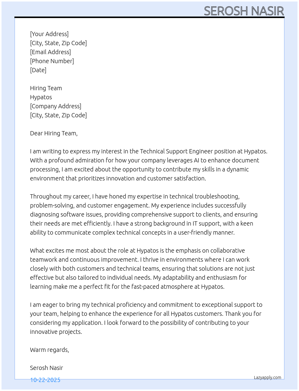 Cover letter for technical support engineer - LazyApply