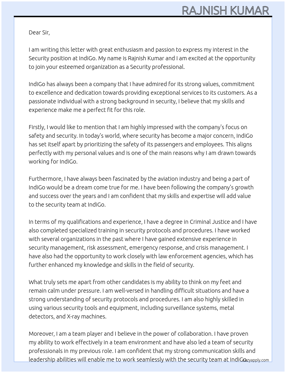 Security  At IndiGo  Cover Letter