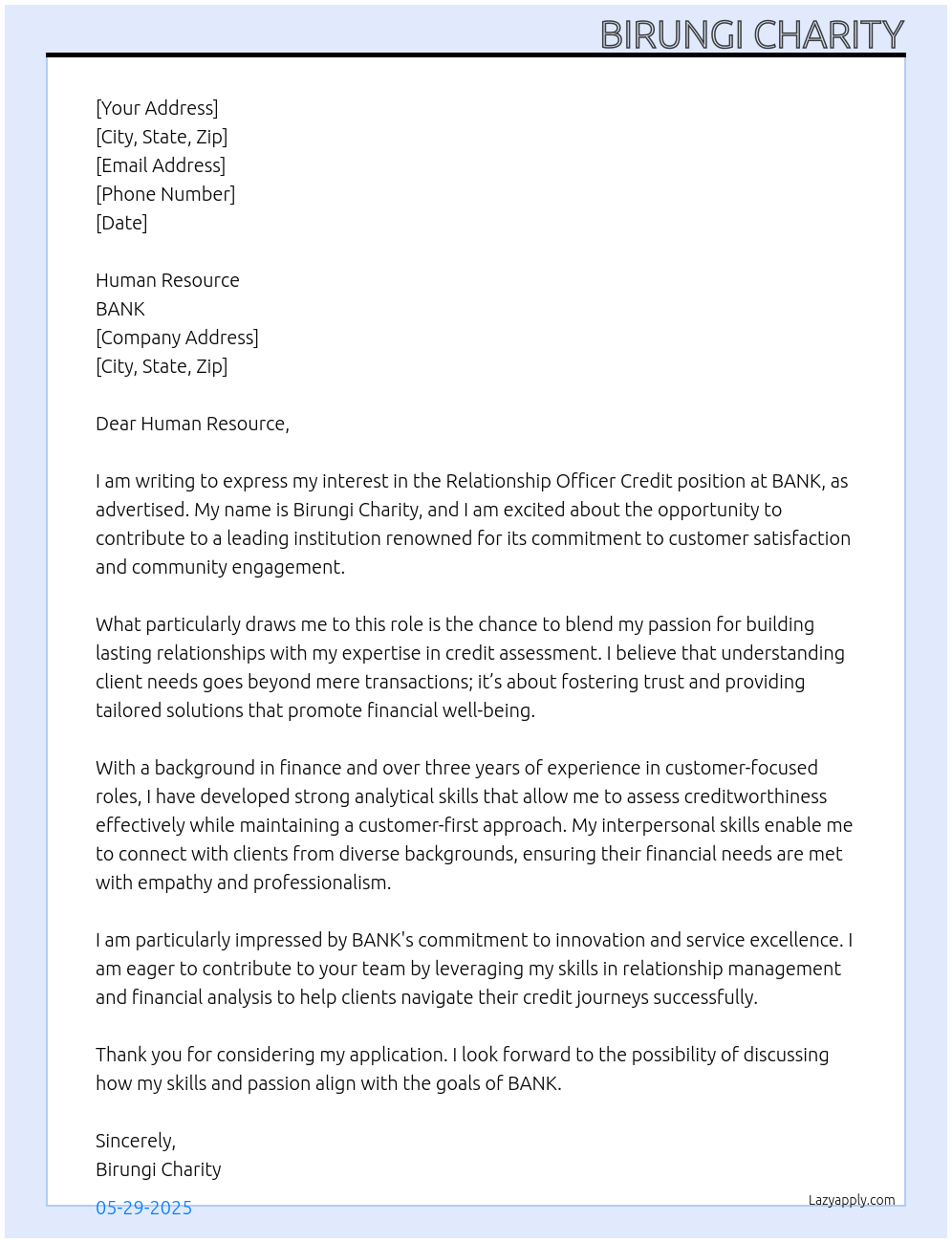 RELATIONSHIP OFFICER CREDIT At BANK Cover Letter