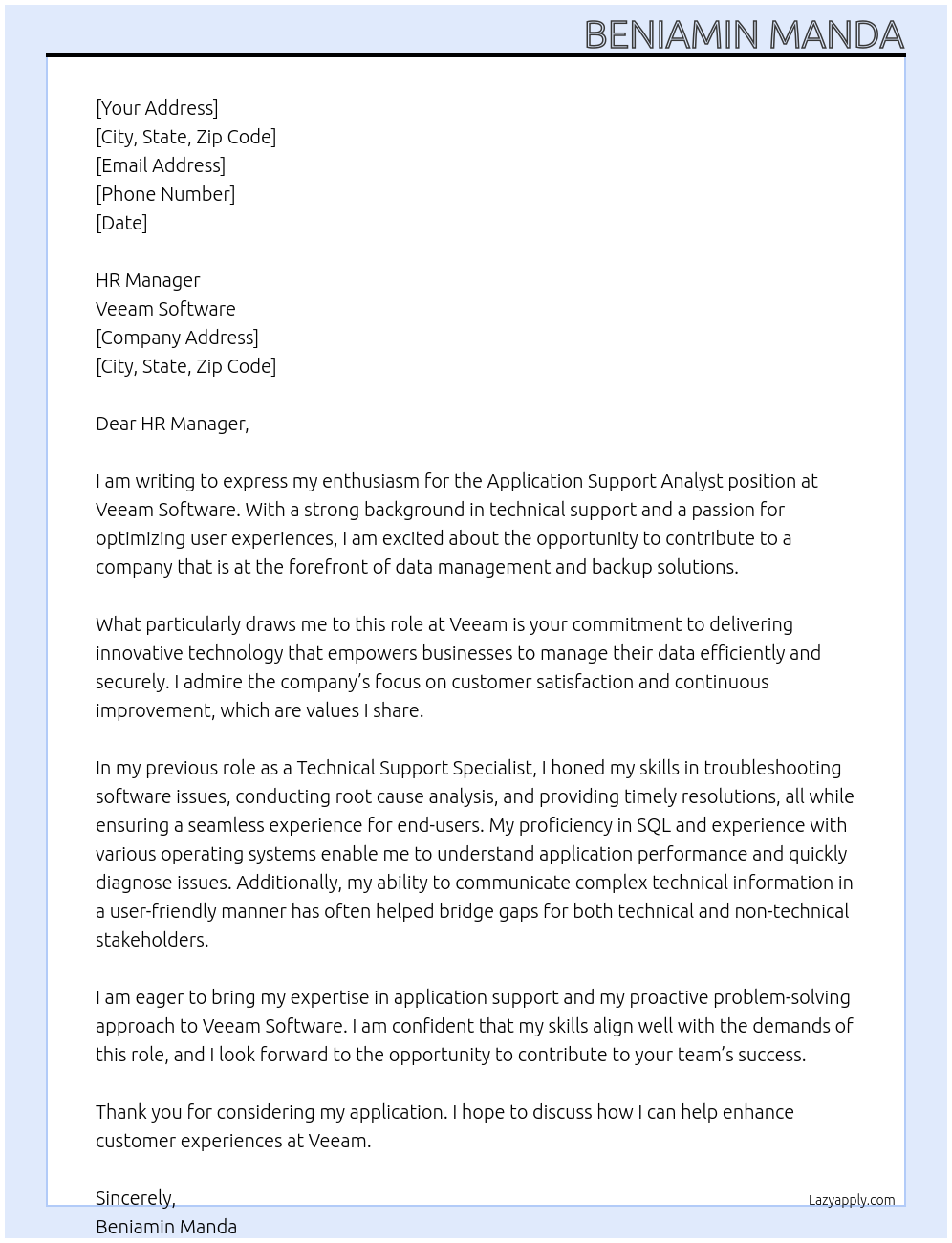 Cover letter for application support analyst - LazyApply