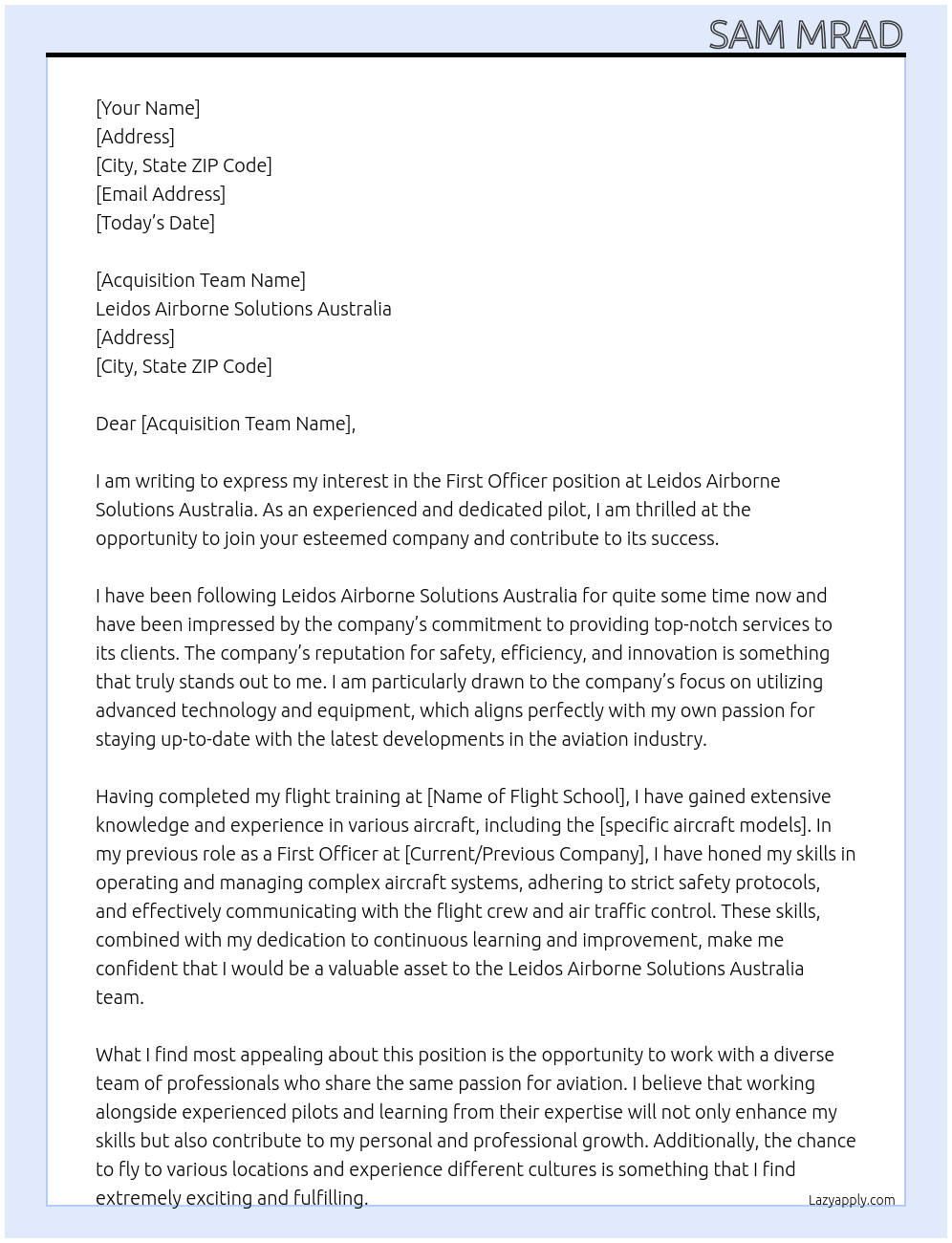 first officer At Leidos Airborne solutions Australia Cover Letter