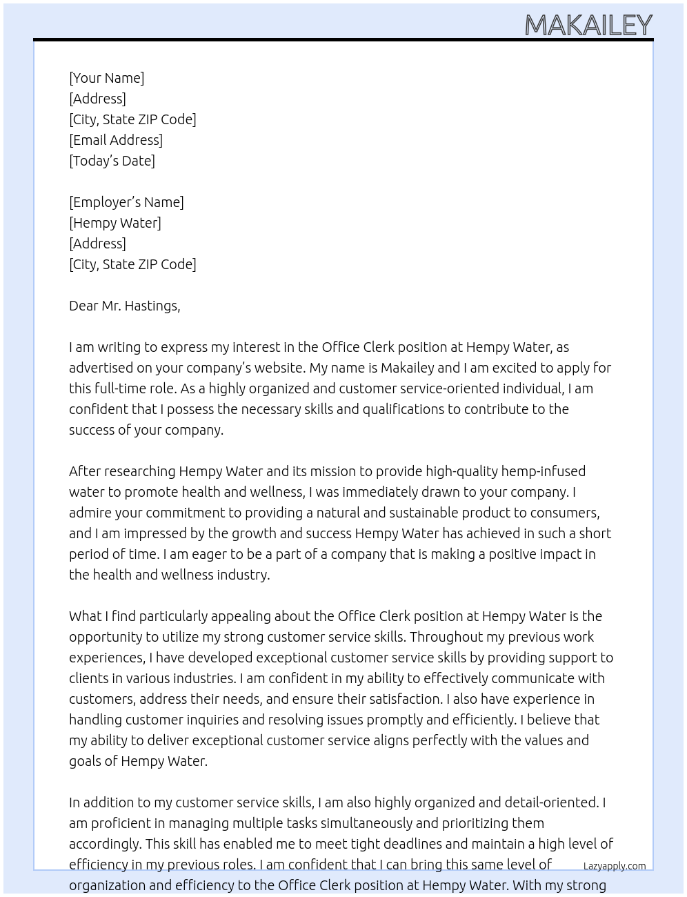 Office Clerk At Hempy Water Cover Letter