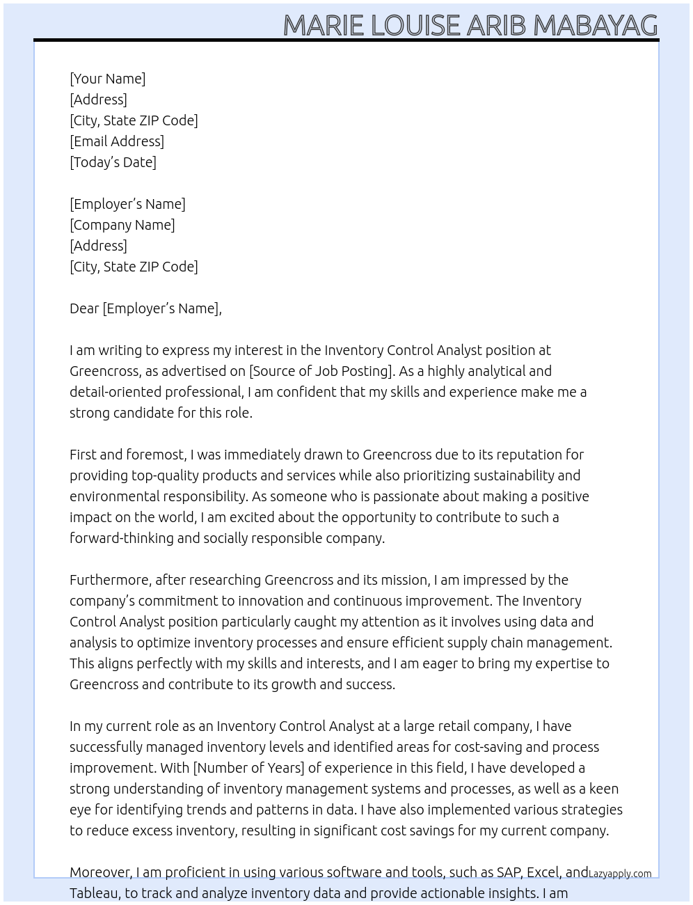 Inventory Control Analyst At Greencross  Cover Letter