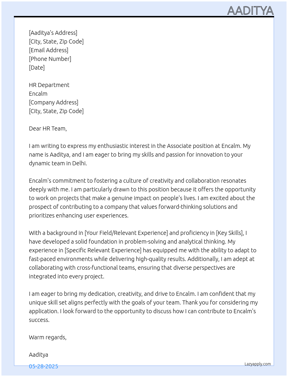 Associate  At Encalm Cover Letter