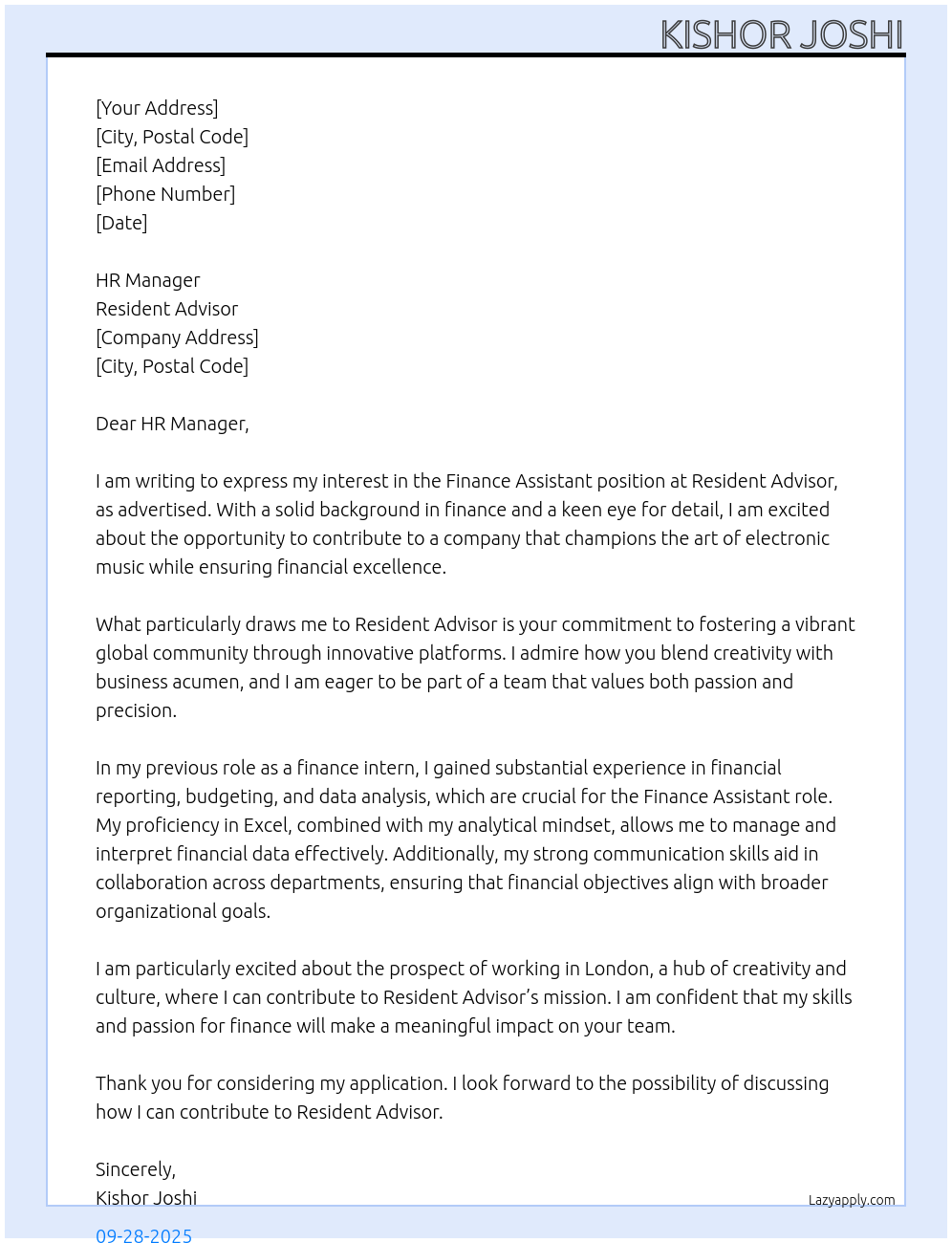 Finance Assistant At Resident Advisor Cover Letter