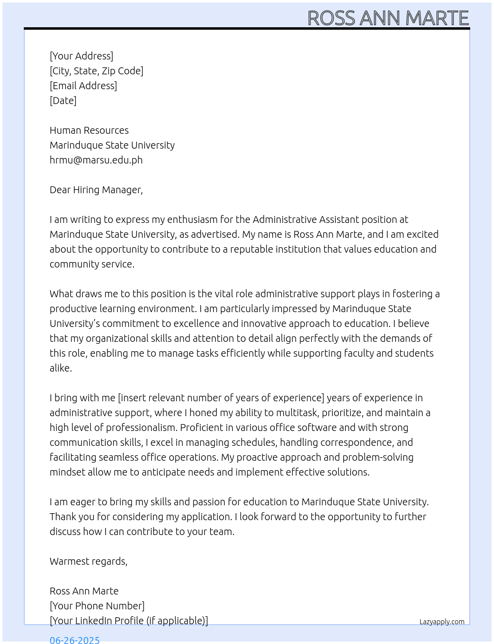 Administrative assistant At Marinduque state university Cover Letter