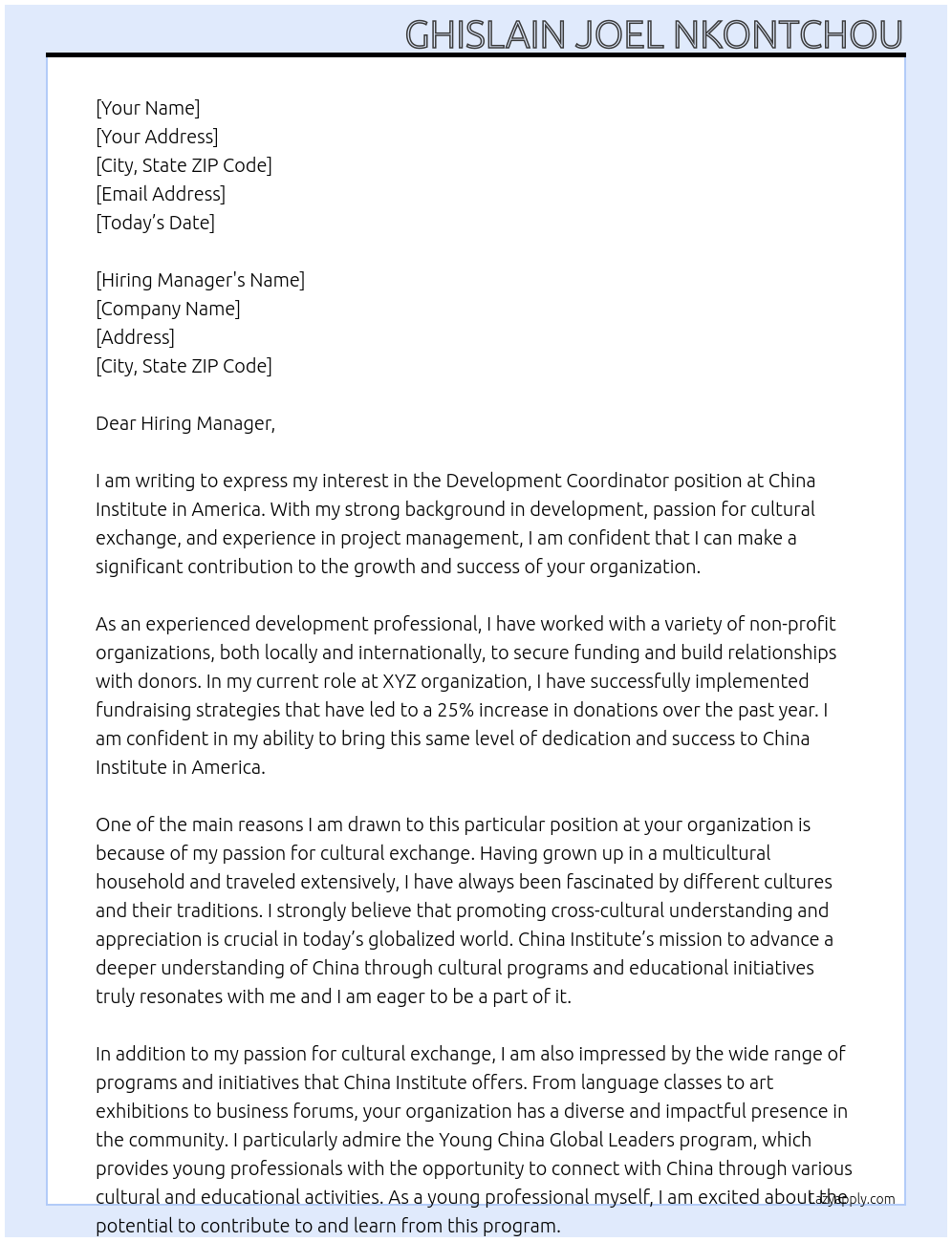 Development Coordinator At China Institute in America Cover Letter