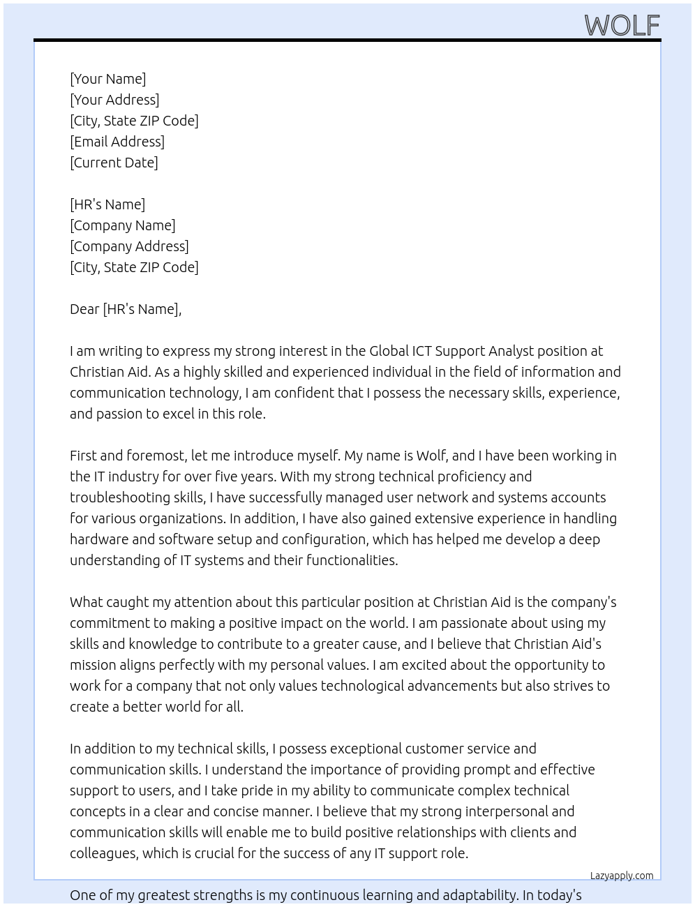 Cover letter for global ict support analyst - LazyApply