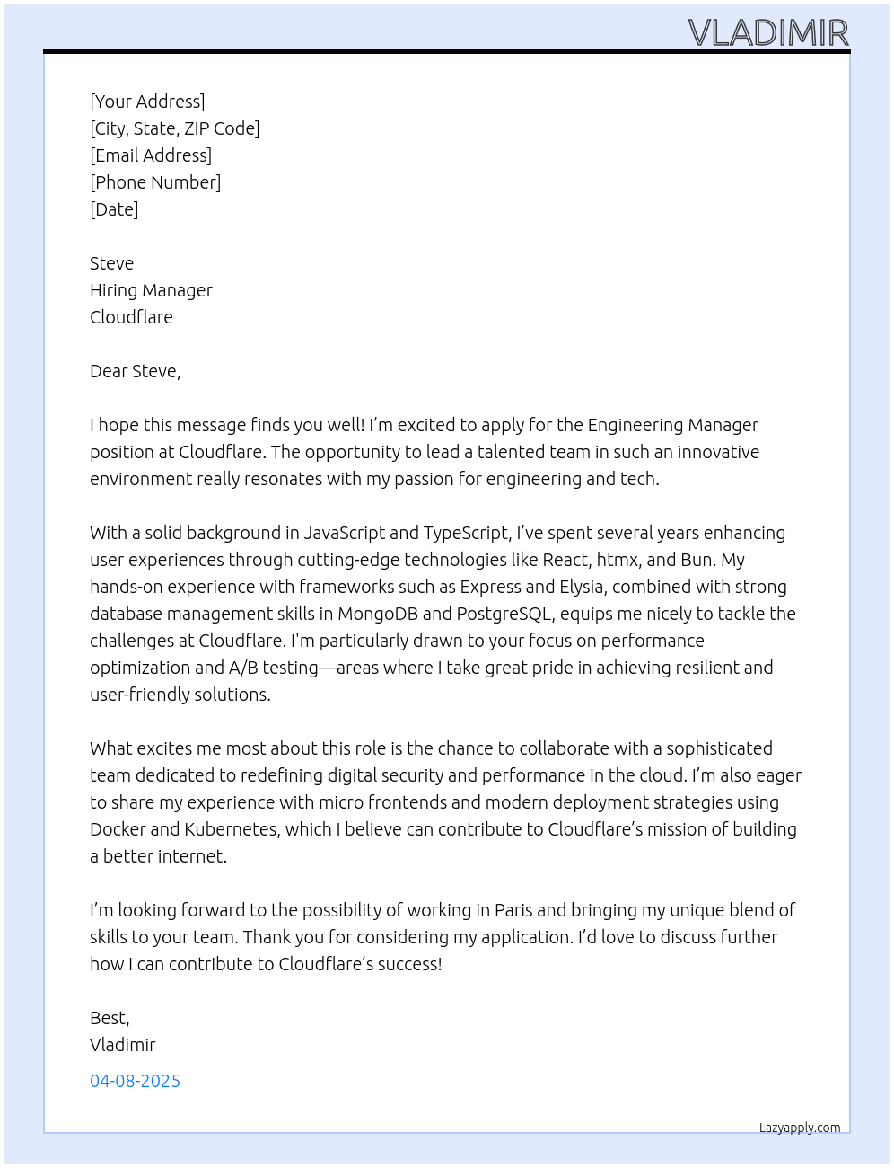 Cover letter for engineering manager - LazyApply