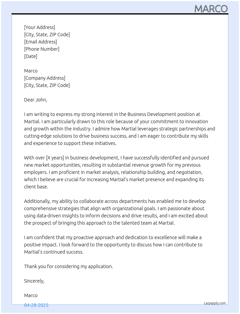Business Development At Martial Cover Letter